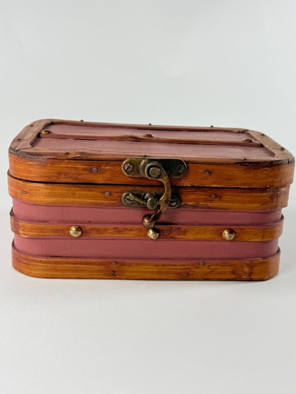 Vintage Wooden Trinket Box W/ Metal Accent Lock Rustic Purple Brown Decor 8x5.5x